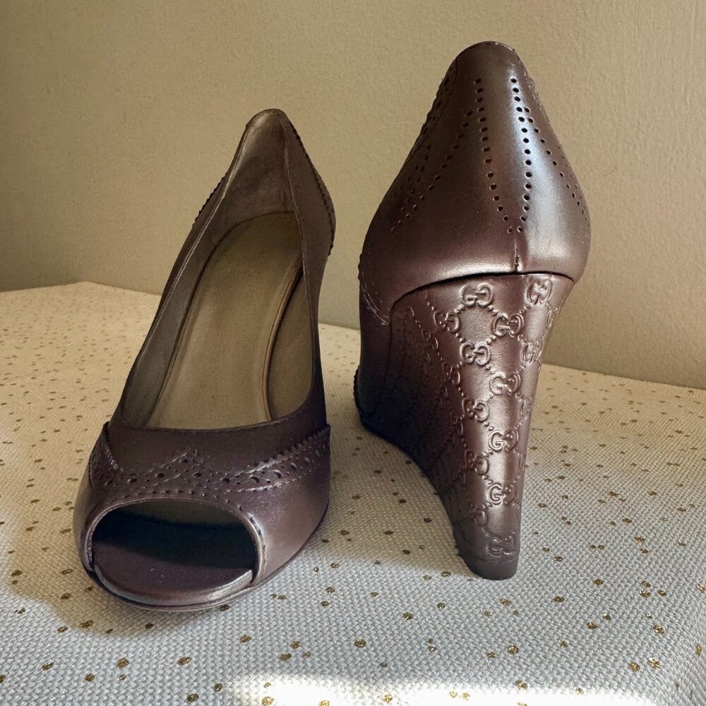 Gucci, Espresso Brown, Wedge Heel, Peep Toe Leather Shoes, Size 38 1/2